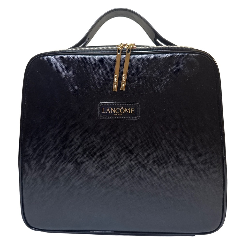 Lancome Paris Black Patent Leather Vanity Makeup Cosmetic‎ Travel Bag Organizer